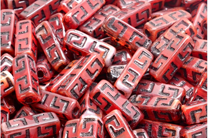 Celtic Block Beads, White Red Black Lined (R2908-54313), Glass, Czech Republic