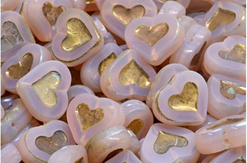 Table Cut Heart Beads, Opal Pink Gold (71111 26443), Glass, Czech Republic