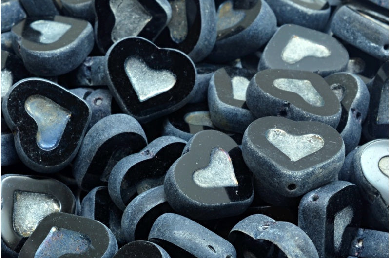 Table Cut Heart Beads, Black 84100 27003 (23980 84100 27003), Glass, Czech Republic