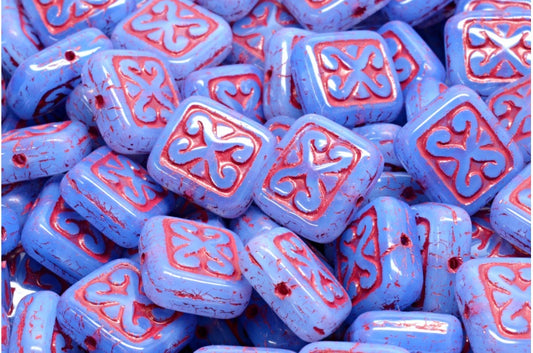 Ornamental Cushion Beads, Opal Blue Red Lined (31000-54314), Glass, Czech Republic
