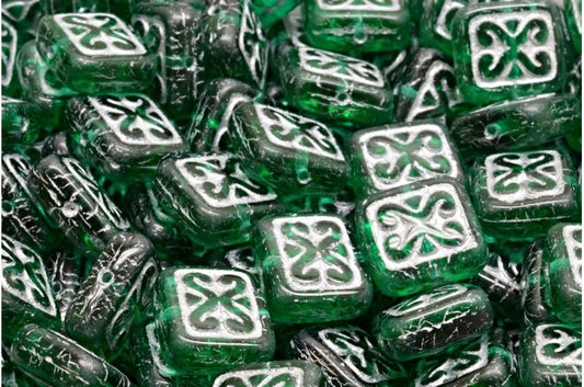 Ornamental Cushion Beads, Transparent Green Emerald Silver Lined (50720-54301), Glass, Czech Republic