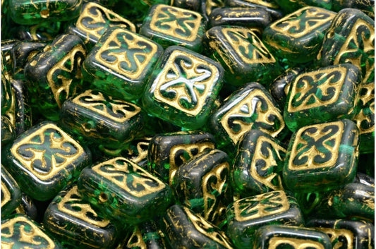 Zierkissenperlen, transparent grüner Smaragd mit Goldfutter (50720-54302), Glas, Tschechische Republik
