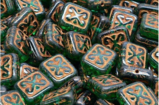 Ornamental Cushion Beads, Transparent Green Emerald Bronze Lined (50720-54317), Glass, Czech Republic