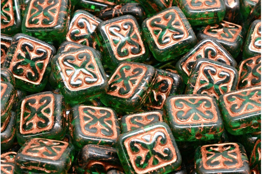 Ornamental Cushion Beads, Transparent Green Emerald Copper Lined (50720-54319), Glass, Czech Republic