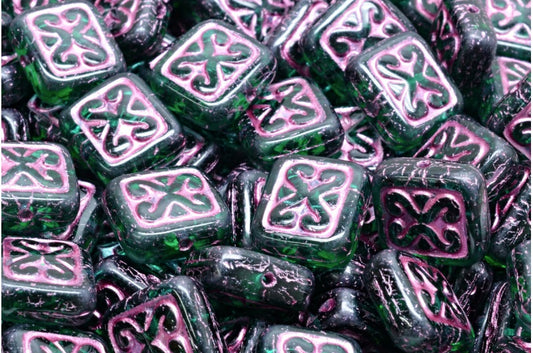 Ornamental Cushion Beads, Transparent Green Emerald Pink Lined (50720-54321), Glass, Czech Republic