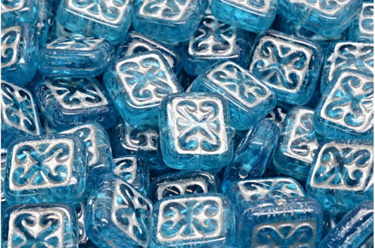 Ornamental Cushion Beads, Transparent Aqua Silver Lined (60020-54301), Glass, Czech Republic