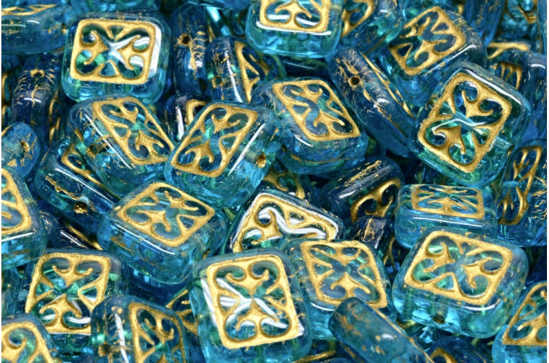 Ornamental Cushion Beads, Transparent Aqua Gold Lined (60020-54302), Glass, Czech Republic