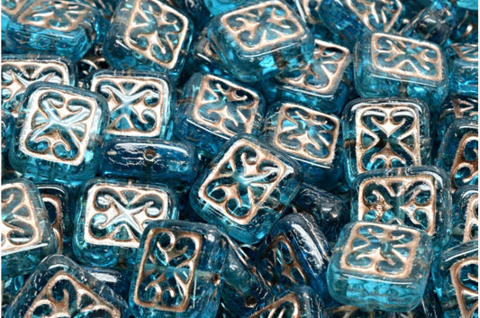 Ornamental Cushion Beads, Transparent Aqua Copper Lined (60020-54324), Glass, Czech Republic
