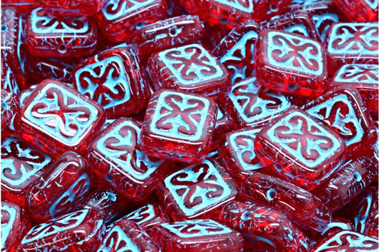 Ornamental Cushion Beads, Ruby Red Light Blue Lined (90080-54308), Glass, Czech Republic