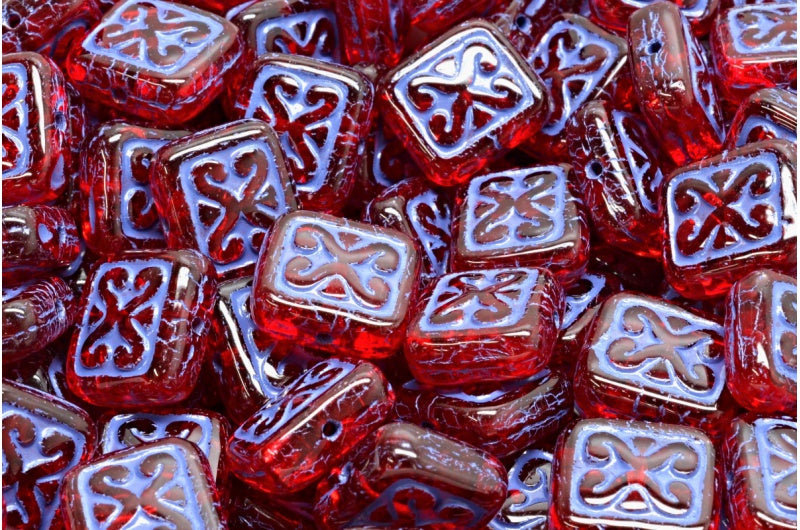 Ornamental Cushion Beads, Ruby Red Blue Lined (90080-54325), Glass, Czech Republic