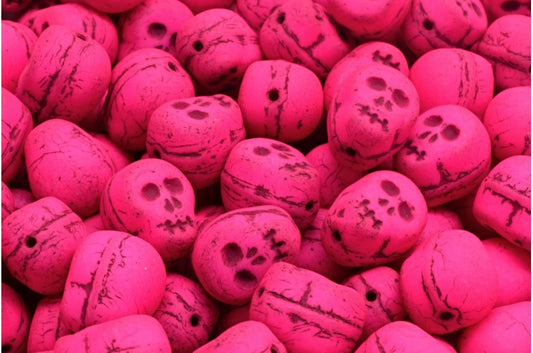 Skull Beads, White Black Lined Neon Pink (02010-46441-25123), Glass, Czech Republic