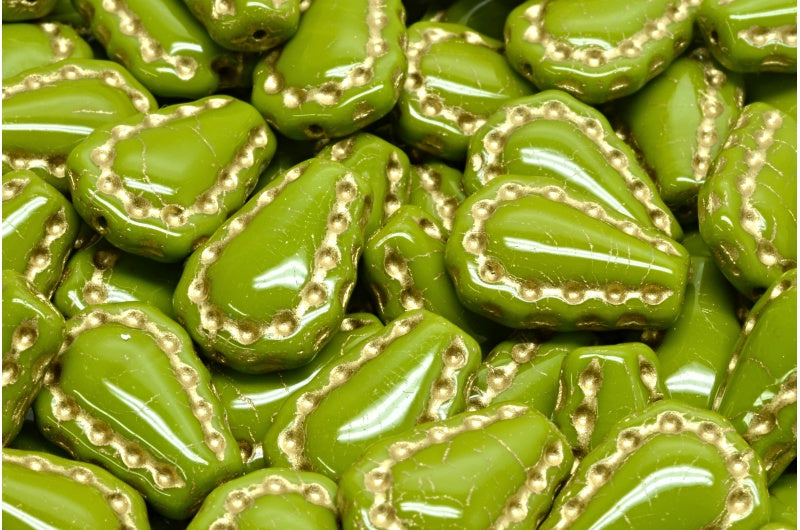 Lacy Tear Beads, Green Gold Lined (53420-54302), Glass, Czech Republic