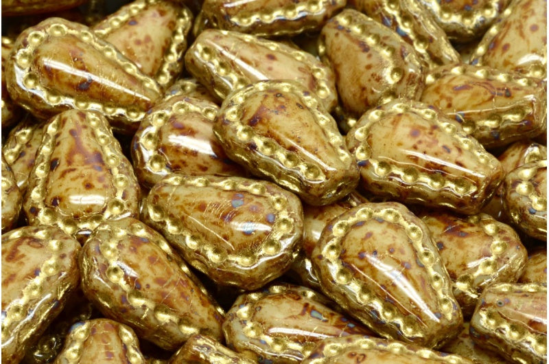 Lacy Tear Beads, Beige Travertin Gold Lined (13020-86800-54202), Glass, Czech Republic