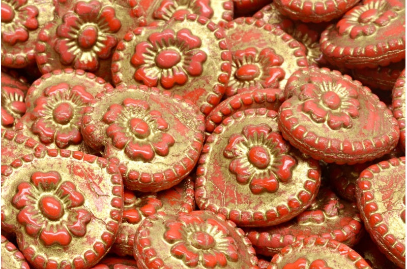 Heart Beads With Rose, Red Gold Lined (93400-54302), Glass, Czech Republic