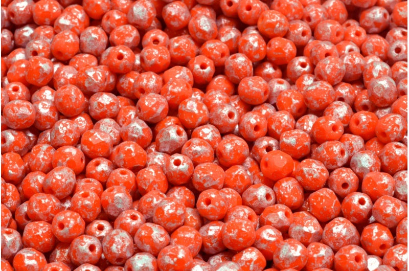 Facettierte feuerpolierte runde Perlen, tieforange mattiertes Silberspritzer (93140-84100-94400), Glas, Tschechische Republik
