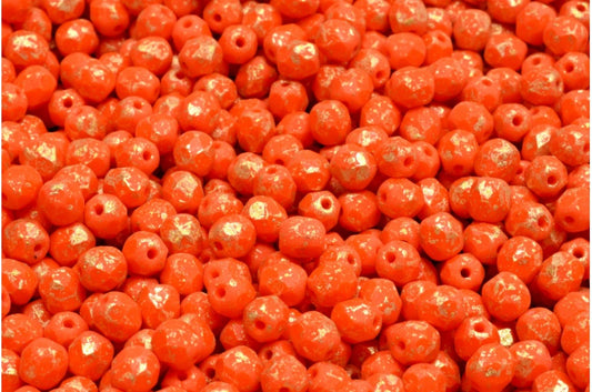 Faceted Fire Polished Round Beads, Deep Orange  Matte Gold Splash (93140-84100-94401), Glass, Czech Republic