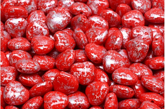 ハートビーズ、不透明レッドシルバースプラッシュ（93200-94400）、ガラス、チェコ共和国