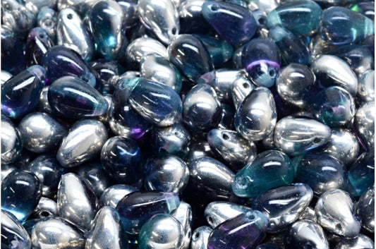 Drop Beads, Transparent Aqua Transparent Light Amethyst Crystal Silver Half Coating (60200-20500-27001), Glass, Czech Republic