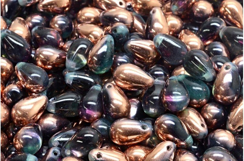 ドロップビーズ、透明アクア、透明ライトアメジスト、ローズゴールドカプリ（60200-20500-27101）、ガラス、チェコ共和国