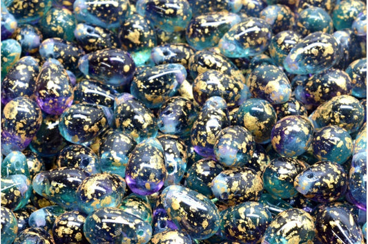 ドロップビーズ、透明アクア、透明ライトアメジストゴールドスプラッシュ（60200-20500-94401）、ガラス、チェコ共和国