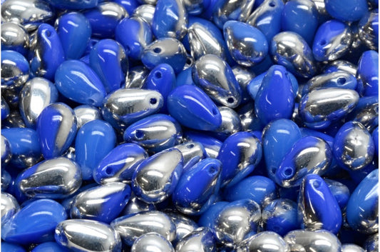 Drop Beads, Opal Blue Opaque Blue Crystal Silver Half Coating (31000-33050-27001), Glass, Czech Republic