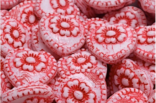 Heart Beads With Rose, White 54327 (02010-54327), Glass, Czech Republic