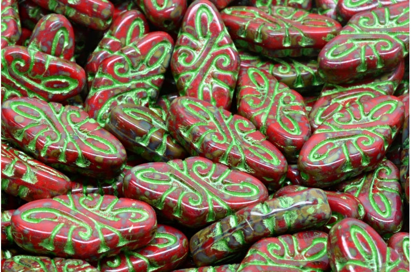 Arabesque Beads, Opaque Red Travertin 43813 (93200-86800-43813), Glass, Czech Republic