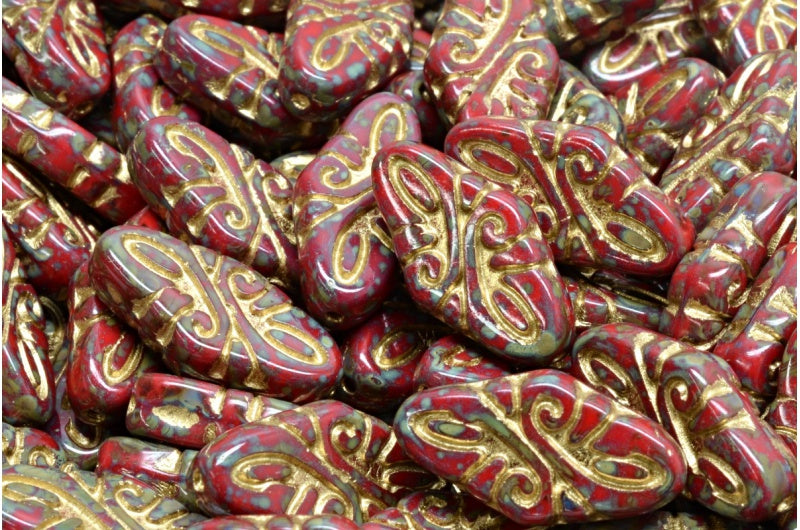 Arabesque Beads, Opaque Red Travertin Gold Lined (93200-86800-54202), Glass, Czech Republic