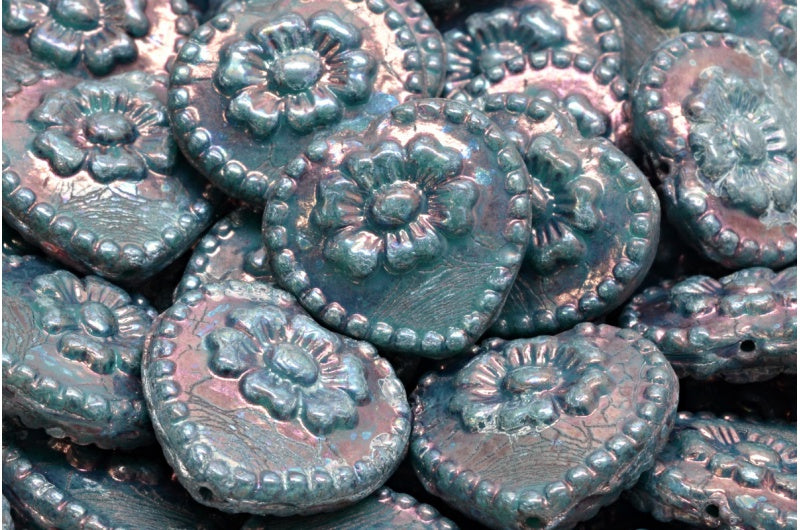 Heart Beads With Rose, Turquise Nebula (63140-15001), Glass, Czech Republic