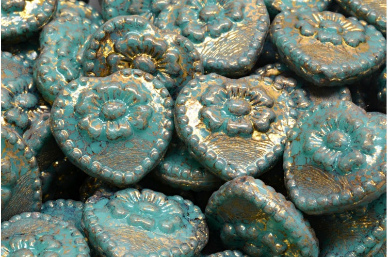 Heart Beads With Rose, Turquise Terracotta Violet (63140-15496), Glass, Czech Republic