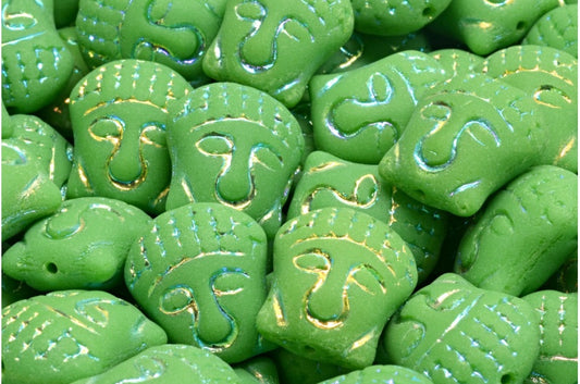 Buddha Head Beads, Green Ab Full (2X Side) Matte (53420-28703-84100), Glass, Czech Republic