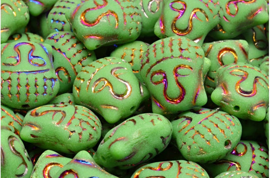 Buddha Head Beads, Green Sliperit Full (2X Side) Matte (53420-29503-84100), Glass, Czech Republic