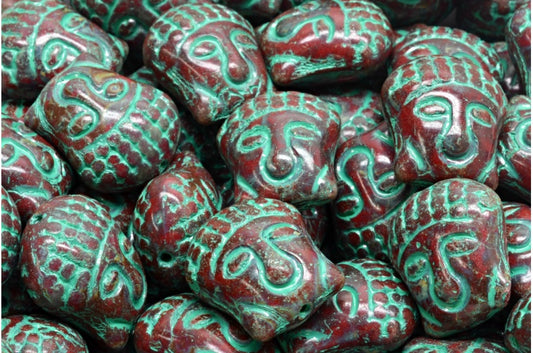 Buddha Head Beads, Opaque Red Travertin Teal Lined (93210-86800-54316), Glass, Czech Republic