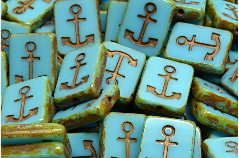 Table Cut Rectangle Beads with Anchor, Turquoise Blue Travertin 54302 (63030 86800 54302), Glass, Czech Republic