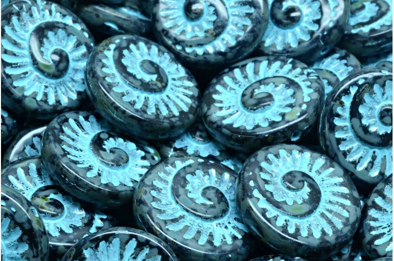 Fossil Shell Beads, Black Travertin Light Blue Lined (23980-86800-54308), Glass, Czech Republic