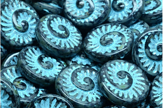 Fossil Shell Beads, Black Travertin Light Blue Lined (23980-86800-54308), Glass, Czech Republic