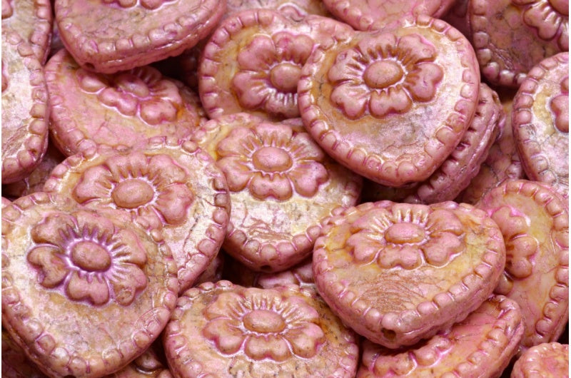 バラ付きハートビーズ、ホワイトピンクベージュ光沢スポット（02010-65323）、ガラス、チェコ共和国