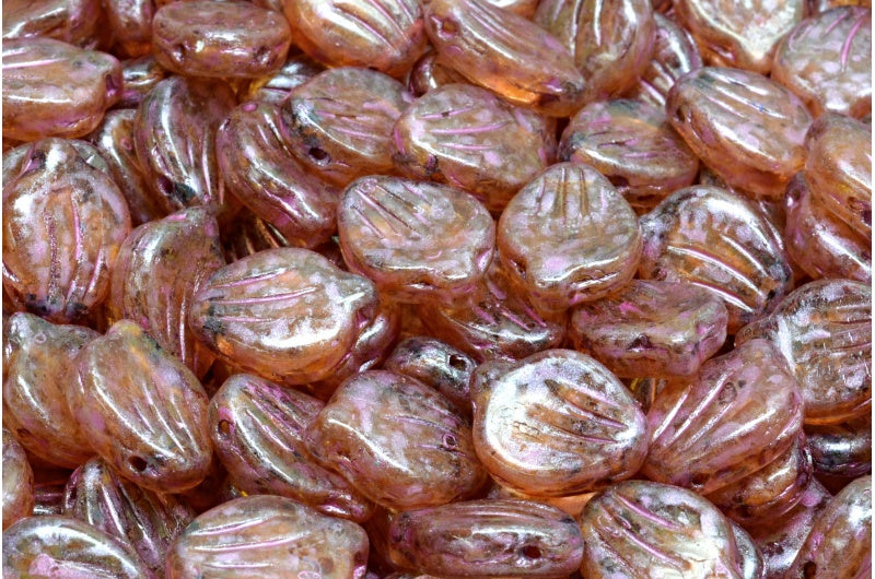 牡丹花瓣珠，水晶粉米色光泽斑点 (00030-65323)，玻璃，捷克共和国