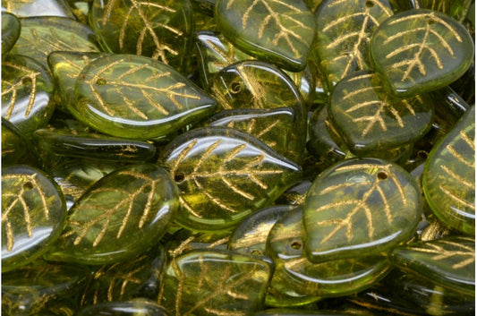 Apple Leaf Beads, Transparent Green Gold Lined (50220-54302), Glass, Czech Republic