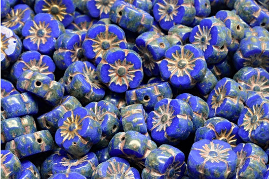 Table Cut Hawaii Flower Beads, Opaque Blue Travertin 54302 (33050 86800 54302), Glass, Czech Republic