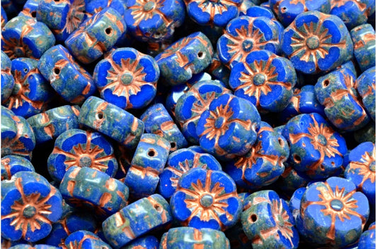 Table Cut Hawaii Flower Beads, Opaque Blue Travertin Red (33050 86800 54319), Glass, Czech Republic