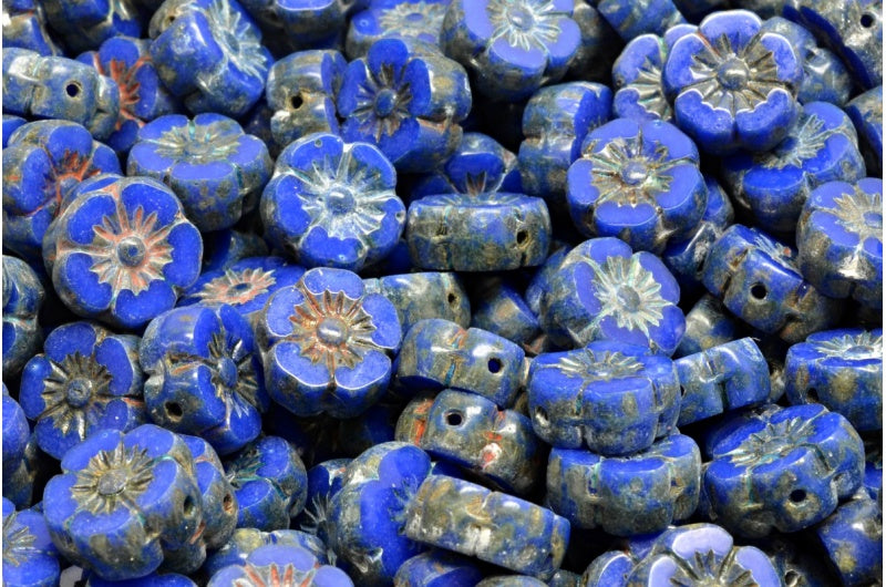 Table Cut Hawaii Flower Beads, Opaque Blue Travertin (33050 86800), Glass, Czech Republic