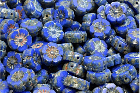 Table Cut Hawaii Flower Beads, Opaque Blue Travertin (33050 86800), Glass, Czech Republic