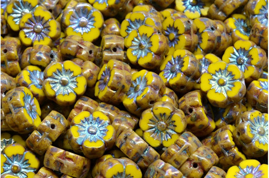 Table Cut Hawaii Flower Beads, Yellow Travertin 28703 (83120 86800 28703), Glass, Czech Republic