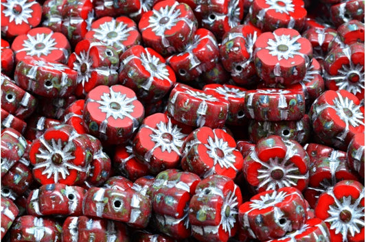 Table Cut Hawaii Flower Beads, Opaque Red Travertin 54301 (93200 86800 54301), Glass, Czech Republic