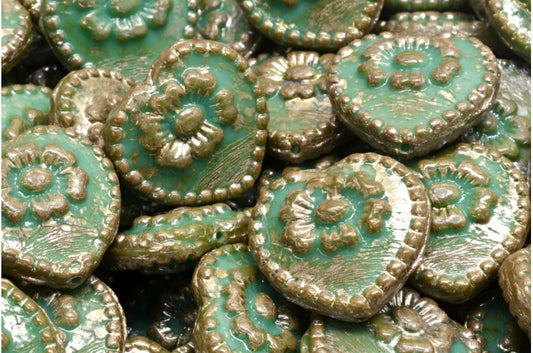 Heart Beads With Rose, Turquise Picasso (63140-43400), Glass, Czech Republic