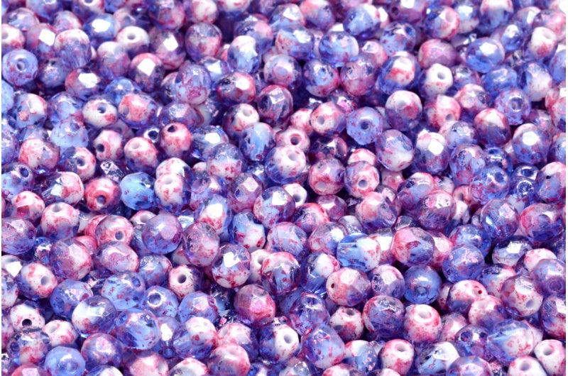 ファセット加工ビーズ ラウンド、チョークホワイトコバルト 94321 (03000-30050-94321)、ボヘミアクリスタルガラス、チェコ共和国