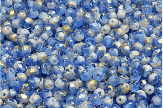 ファセット加工ビーズ ラウンド、チョークホワイトコバルト 94001 (03000-30050-94001)、ボヘミアクリスタルガラス、チェコ共和国
