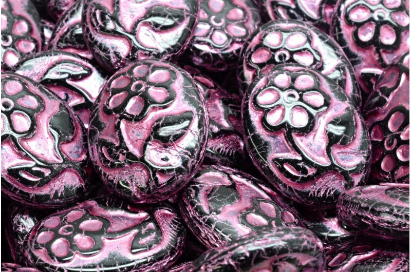 Oval With Flower Beads, Black Pink Lined (23980-54321), Glass, Czech Republic