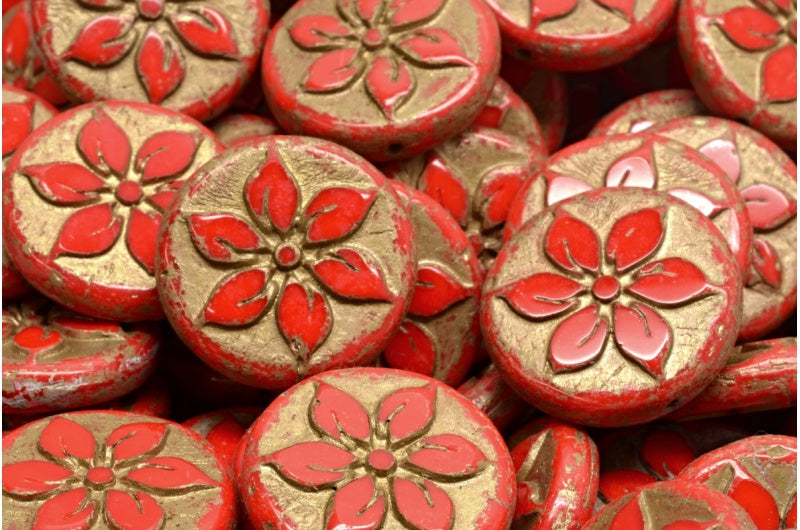 Table Cut Coin Flower Beads, Red 4302 (93180 4302), Glass, Czech Republic